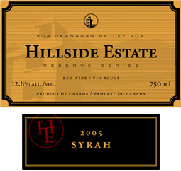 Hillside Estate Winery 2005 Reserve Syrah, Hidden Valley (Okanagan Valley)