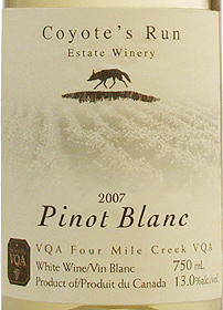 Wine: Coyote's Run Estate Winery 2007 Pinot Blanc (Four Mile Creek)